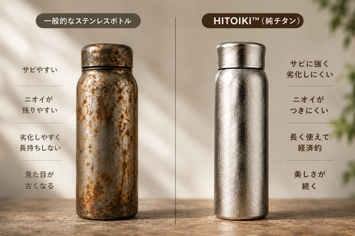 一般的なステンレスボトルとHITOIKI™（純チタン）の比較